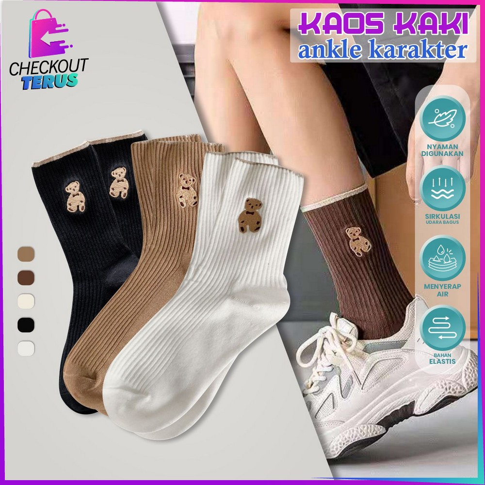 CT P568 Kaos Kaki Wanita Korea Motif Beruang Korean Style Kaus Kaki Panjang Setinggi Betis Karakter Cute Bear Socks