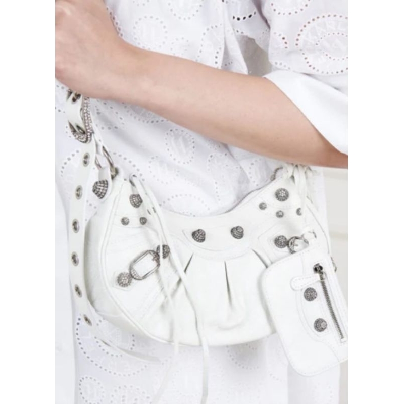 Tas original Balenciaga / Le Cagole XS Shoulder Bag Lambskin Leather Rhinestone White Shw