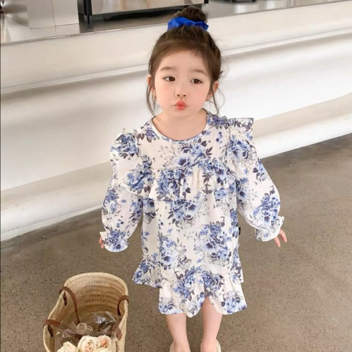 Dress Fashion Import Anak Perempuan - Putih Motif Bunga Biru