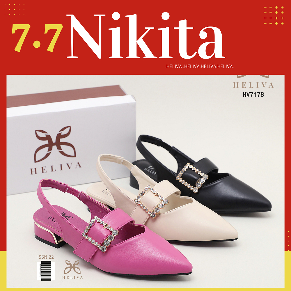 HELIVA NIKITA Sling Back Low Heels 3cm Sepatu Lancip Gesper Bahan Kulit HV7178 Original Brand