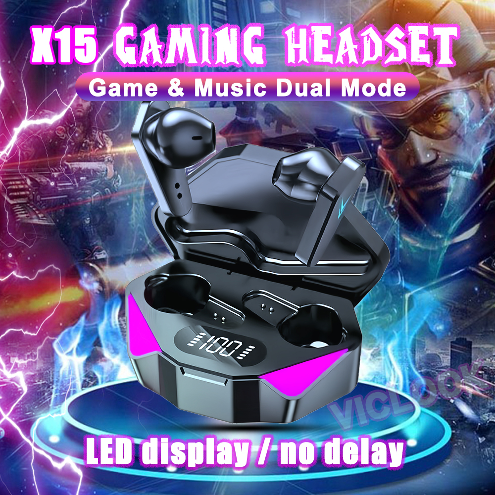 VICLOOK COD TWS X15 Gaming Headset Bluetooth V5.2 LED Smart Display Headphone Nirkabel Tahan Air Hifi Stereo Earbud Headset dengan Mikrofon