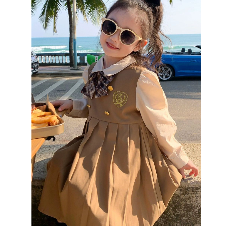 Dress Anak Perempuan Motif Uniform School Mustard Pita