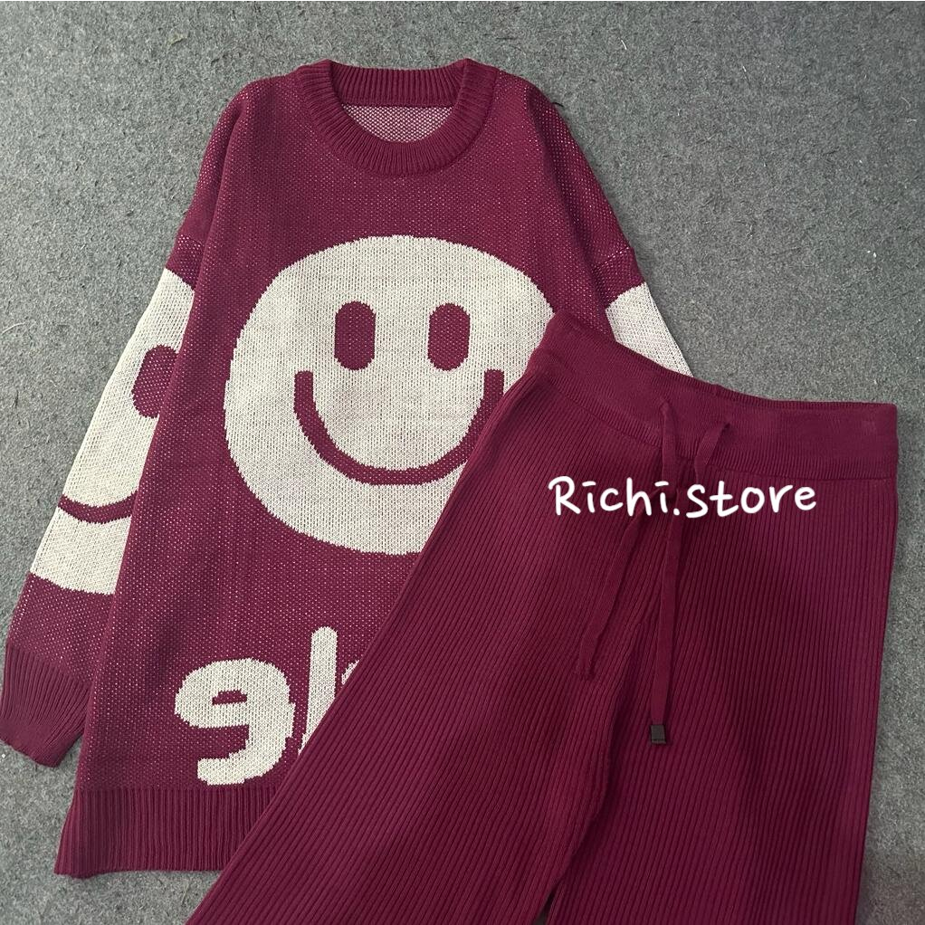 Smile oversize sweater - Setelan kulot rajut sweater motif smile (celana+atasan)