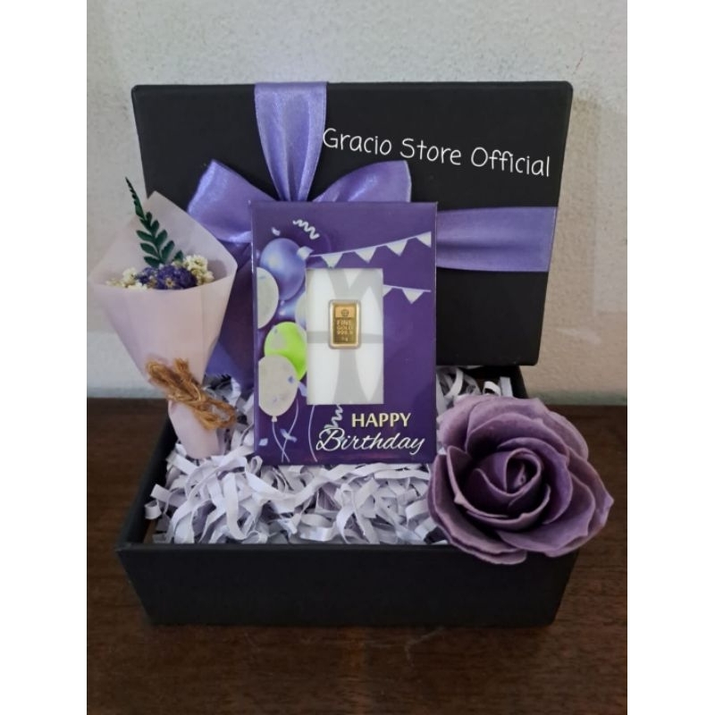 GIFT BOX EDISI HAPPY BIRTHDAY NUANSA LILAC BLACK HAMPERS LOGAM MULIA ANTAM 1 GR