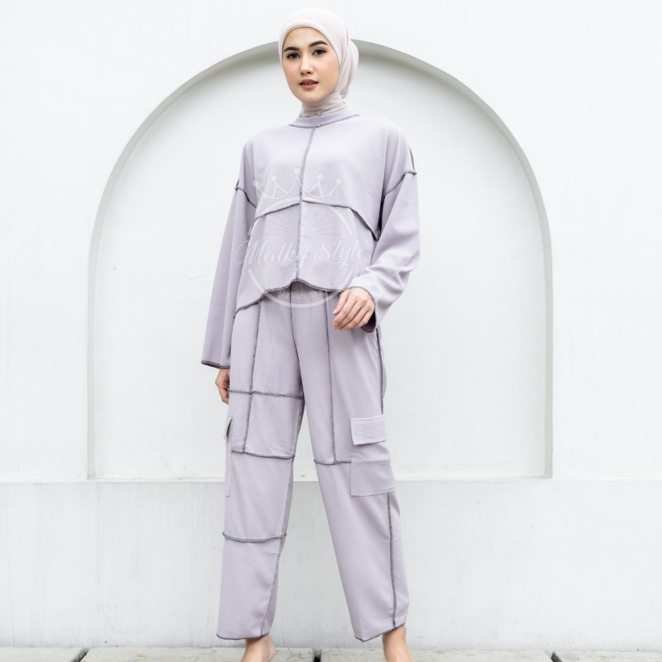 Malky Style - OneSet Knit Jahitan Terbalik Setelan Bolbal Setcel Cargo Baju Wanita Crop Rajut Model 