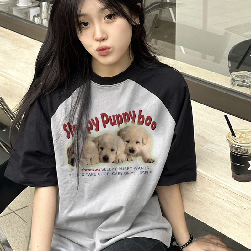 Print T-shirt Kaos Lengan Pendek Cartoon Sleepy Puppy Dog Printing Oversize Atasan Wanita Korean Style