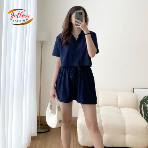 Baju Set Wanita Lengan Pendek Crop Top Polo Knit Korea Style Kekinian