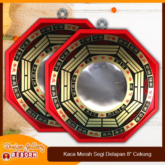 Kaca Cermin Cekung Fengshui Pat Kua Pakua /Ba Gua Segi Delapan Red 8&quot;