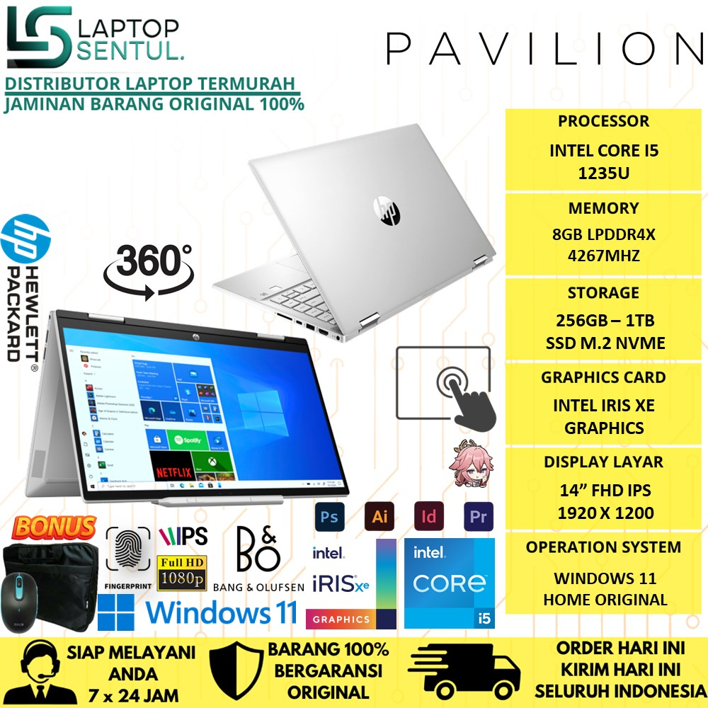 Laptop Bisnis 2in1 HP Pavilion X360 14 INTEL Core i5 1235U RAM 16GB 1TB SSD IRIS XE FHD TOUCH WIN11HOME