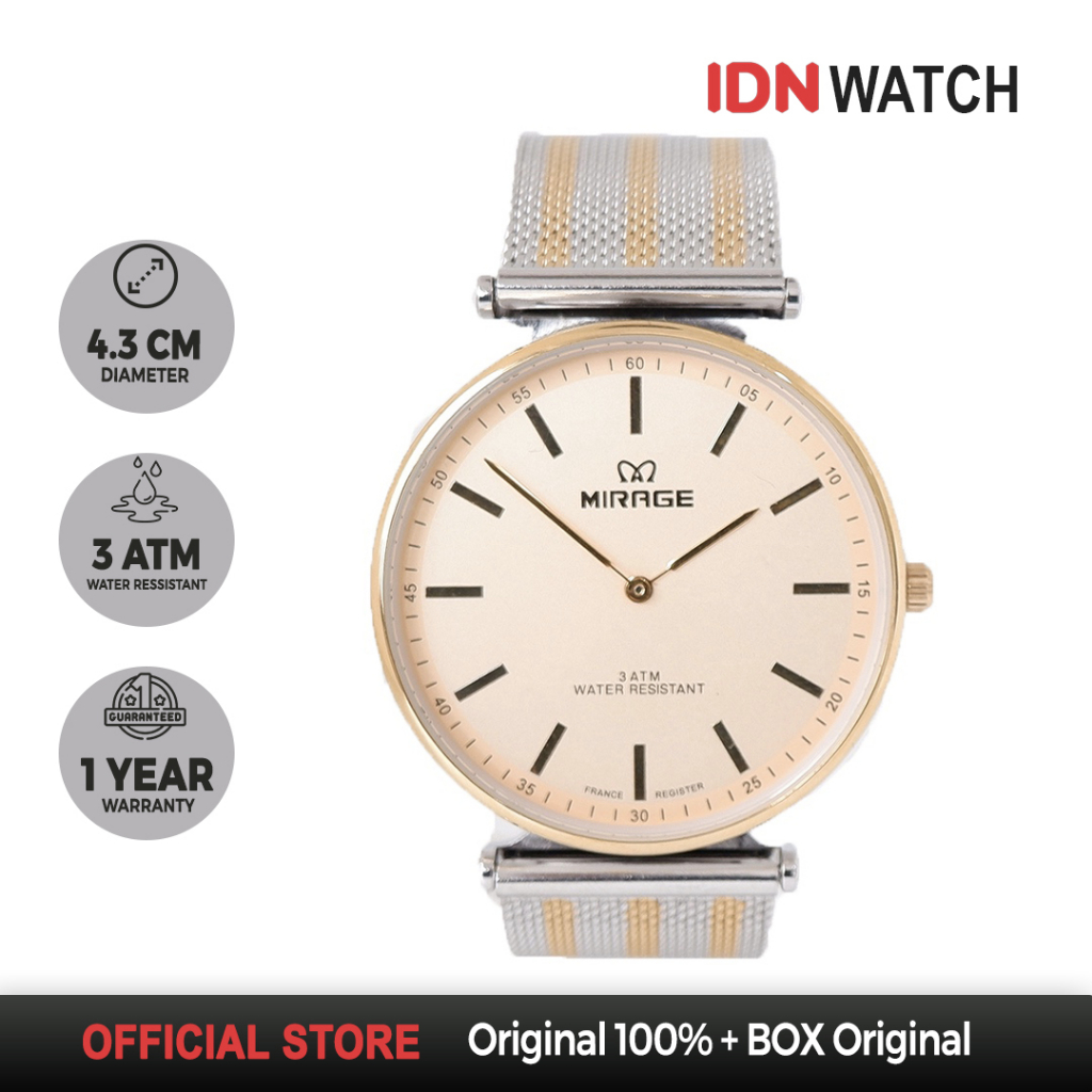 Jam Tangan Mirage Original Analog Pria Casual Rantai Pasir Stainless Steel Kombinasi SilverGold 8711