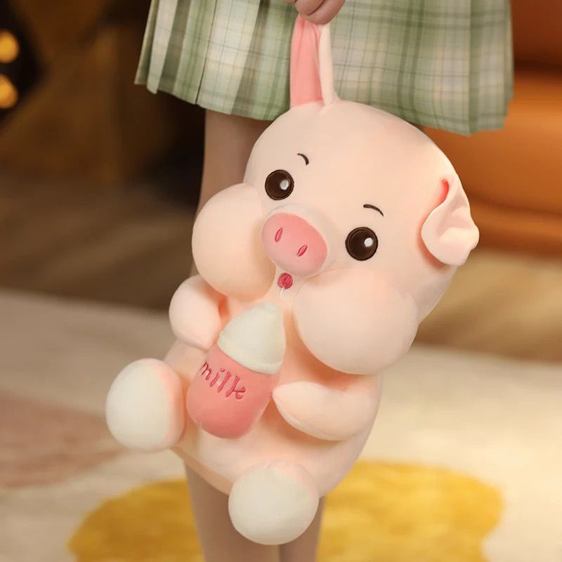 BONEKA BABI ukuran M, L, dan XL PIGGY MILK BOTTLE PIG PEGANG BOTOL SUSU PINK GEMOY HALUS LEMBUT LUCU