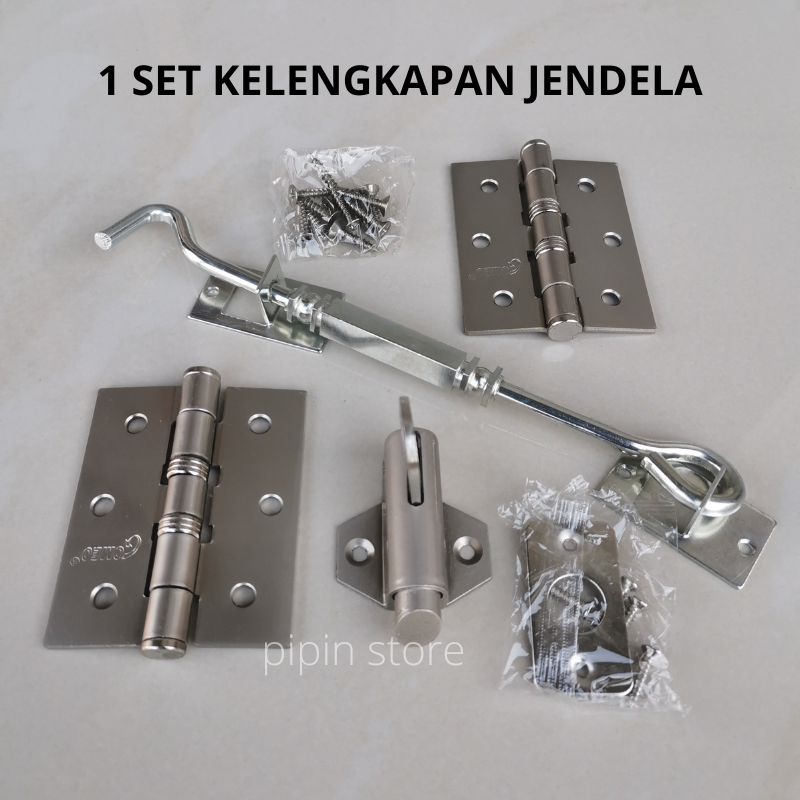 Paket Slot Jendela Kodok Grendel Spring Knip Knife Silver + Engsel Jendela Kayu 3 Inch 1 Set Tebal + Hak Angin Silver Stainless Lamskar Ramskar Jendela / Cantolan Penyangga Penahan Pengait Jendela