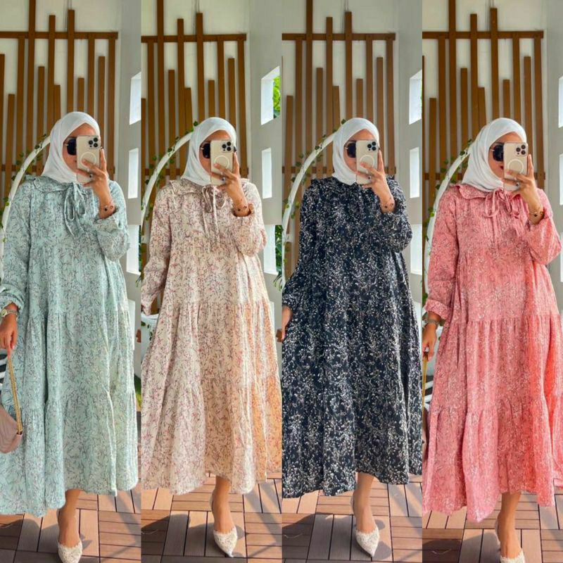 GAMIS AMORE BY RUBY MIDI DRESS LISA CRINCLE AIRFLOW PREMIUM MOTIF BUNGA