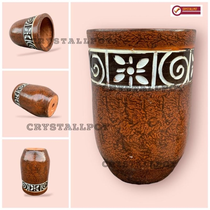 POT BUNGA TANAMAN GERABAH TANAH LIAT KAPSUL TINGGI MOTIF BATIK COKELAT D21 T30 - KAPSUL BATIK COKELAT