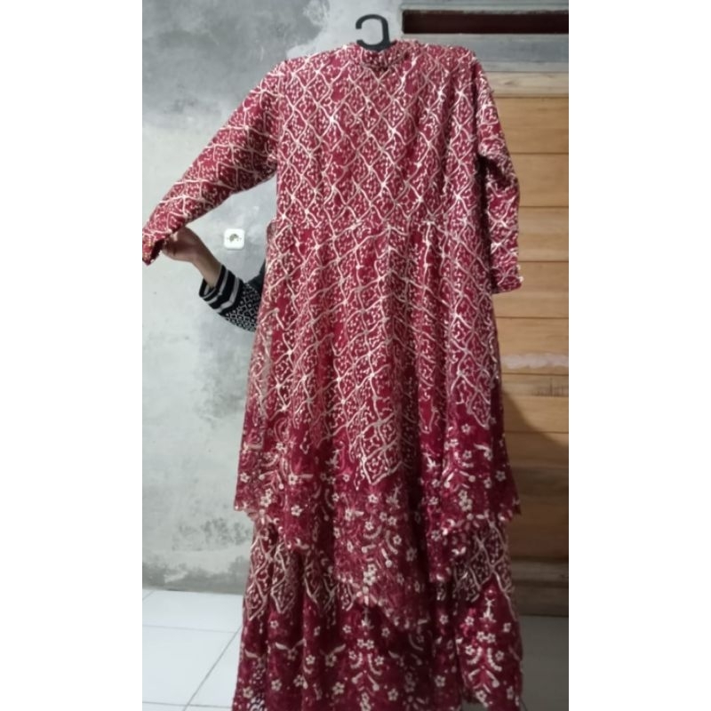 DRESS GAMIS BRUKAT MARUN MEWAH GAMIS KONDANGAN MARUN, DRESS KONDANGAN MARUN