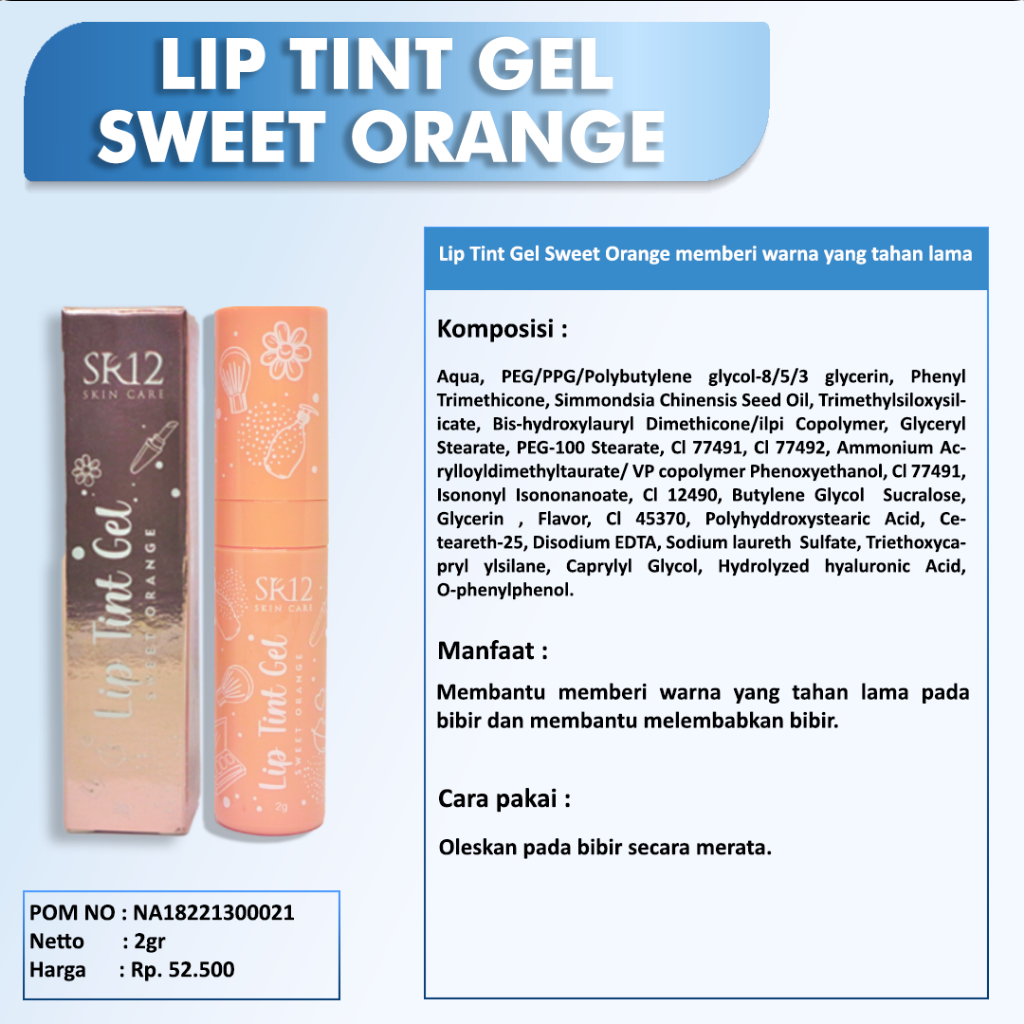 Lip Tint SR12 - Mencegah Bibir Kering &amp; Pecah Pecah Lip Ringan Dipakai Tahan Lama Lipstik Pelembab Tampilan Fresh Natural Pada Bibir