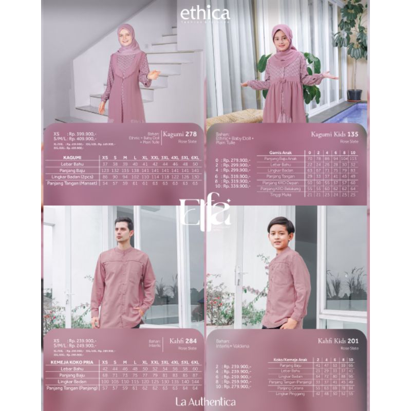 Sarimbit Keluarga 2023 Ethica Elfa 277 Rose Slate (Gamis Kagumi 278, Koko Kahfi 284, Gamis Anak Kagumi Kids 135, Koko Anak Kahfi Kids 201)