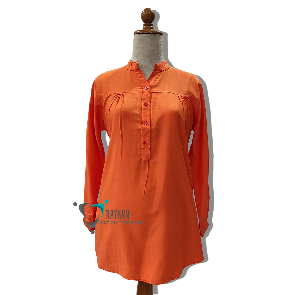 Baju atasan Wanita Polos Orange Kemeja Blouse Terbaru Lengan Panjang Jumbo Size Busana Muslim Korean