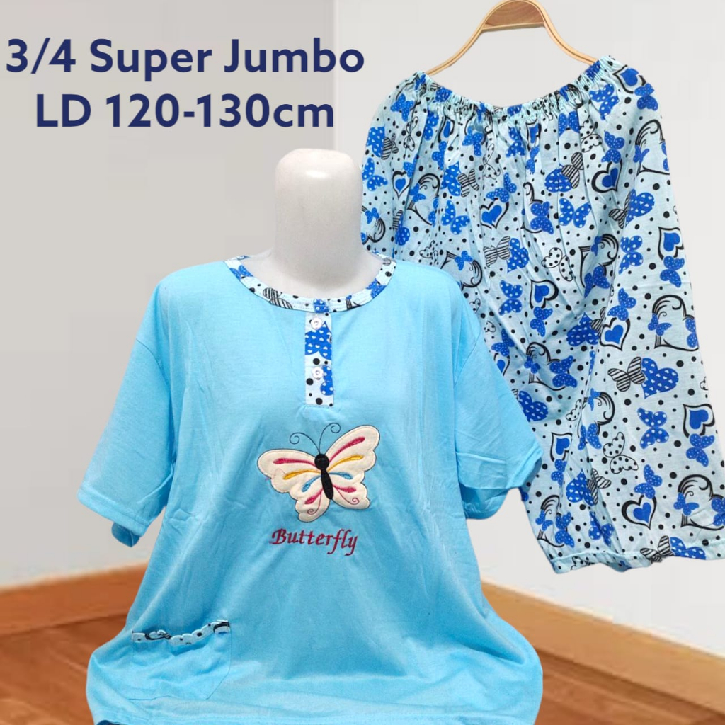 Babydoll Super Jumbo 4L Bigsize Celana 3/4 Kulot Bahan Kaos LD 130cm Gambar Bordir Dan Sablon Cocok Untuk Busui