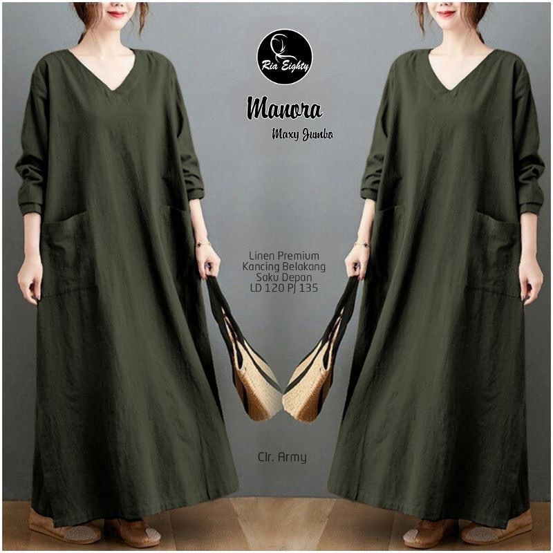 Manora Maxy Dress Korean Style Jumbo Ld120CM Baju Wanita Lengan Panjang Bahan Linen Rami