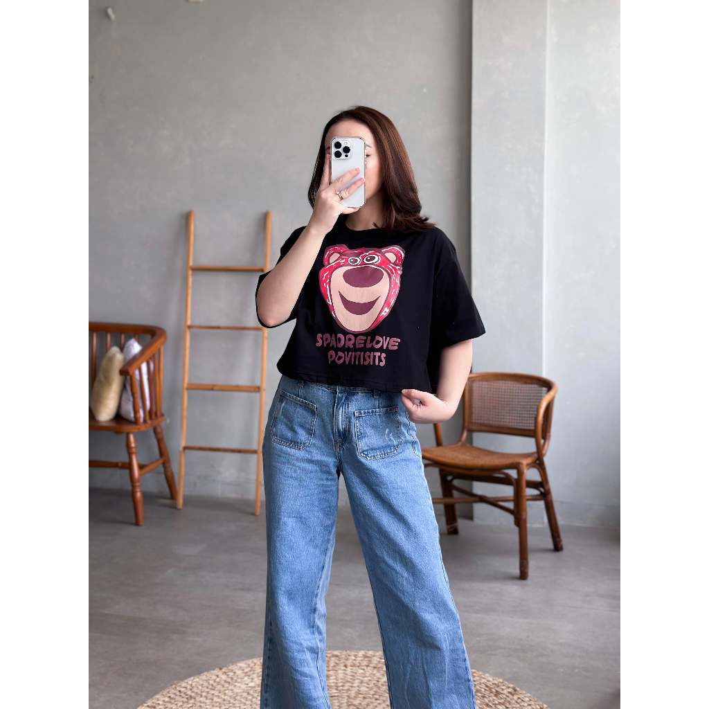 INFINITEE Kaos Croptop Oversized Lengan Pendek Motif Kartun