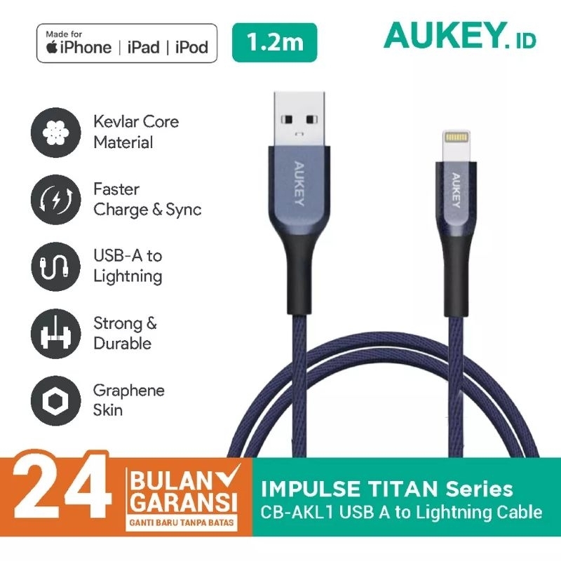 [ORIGINAL 100%] Kabel Charger Iphone Aukey CB-AKL1 MFI USB A To Lightning Kevlar 1.2 M Blue - 500421