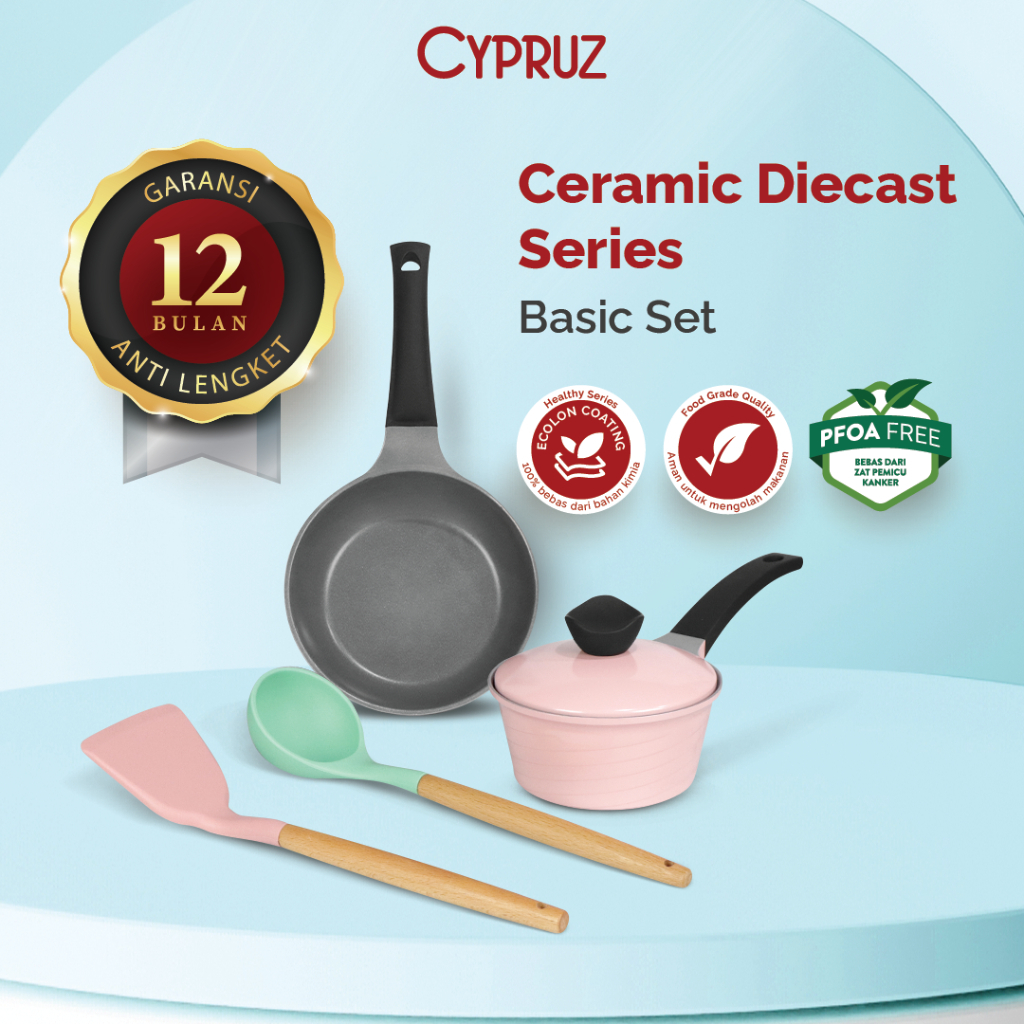 Cypruz Panci Basic Set PI 0941 Cookware Set Anti Lengket Pink Ceramic Diecast Series 4 Pcs