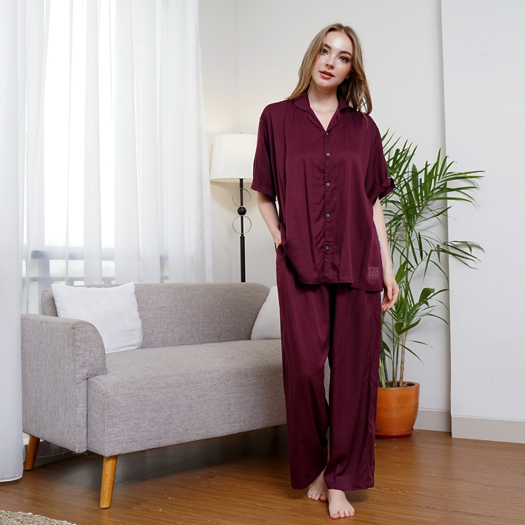 Setelan Piyama Lengan Pendek Polos Burgundy Baju Tidur Setelan Wanita Bahan Rayon Premium Setelan Pi