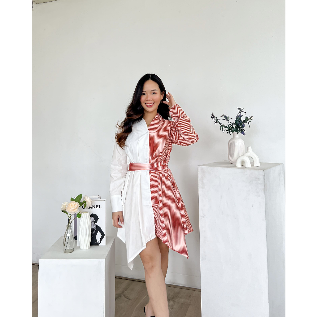 Assymetry Women Midi Dress | Dress wanita kombinasi salur dan polos kain katun poplin premium