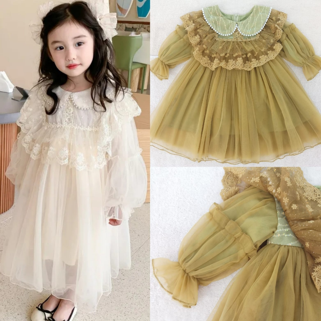 (1-10th) Dress import mewah lace brukat anak bayi putih hijau coklat gaun pesta import lengan panjan