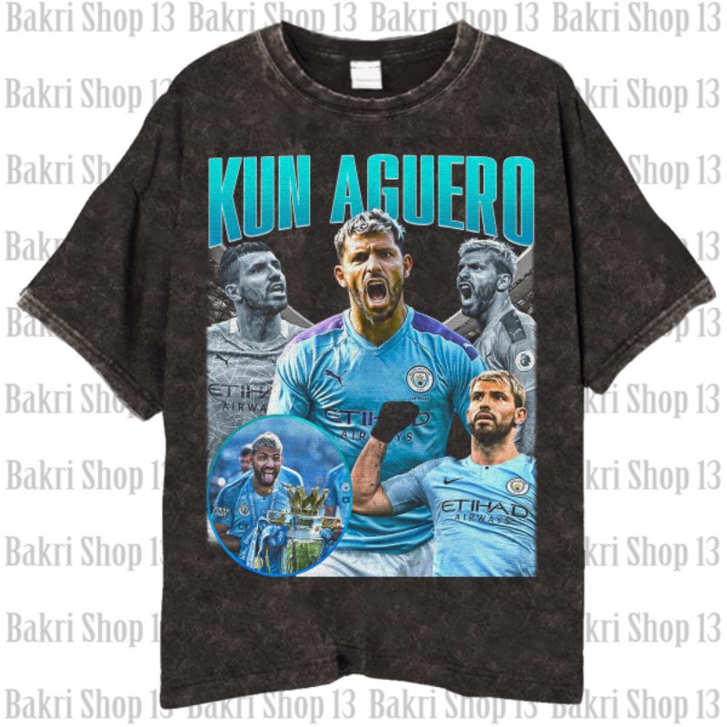 KUN AGUERO T-shirt/Kaos Bola Vintage Wash Man City Champions Kun Aguero Unisex