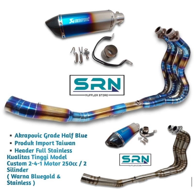 KNALPOT AKRAPOVIC GRADE BLUEGOLD IMPORT HEADER CUSTOM 4 SILINDER 2-4-1 NINJA 250FI KARBU NEW Z250 R2