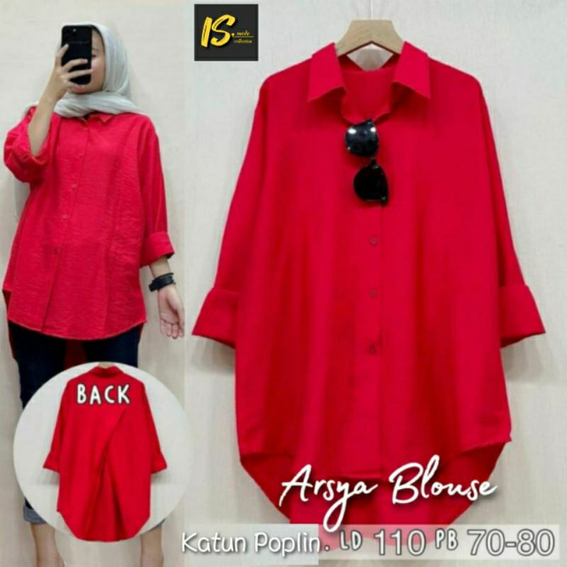 ARSYA BLOUSE KATUN POPLIN MERAH PUTIH JUMBO LD 120 XXL