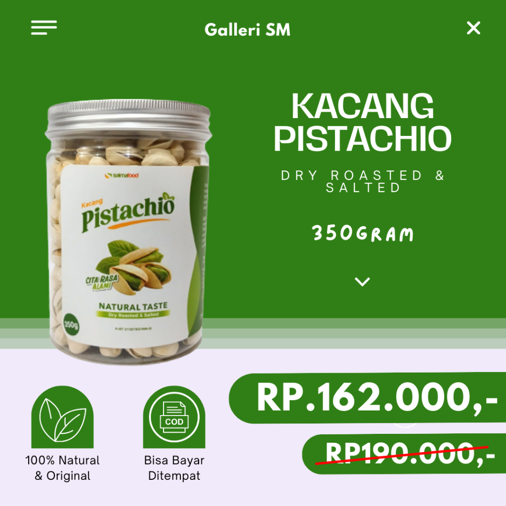 

Kacang Pistachio 350gr Oleh Oleh Haji Umrah Dry Roasted Salt Original