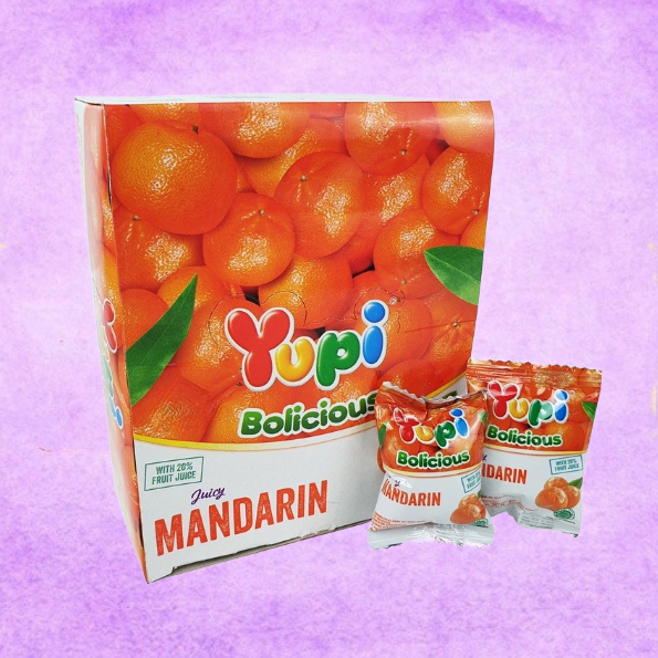 

Yupi Bolicious - ORANGE JUICY MANDARIN Fruit Juice Jelly Candy - 1 Box isi 24 sachet | Permen Kunyah Manis Snack Jajan Jajanan Jadul Makanan Ringan