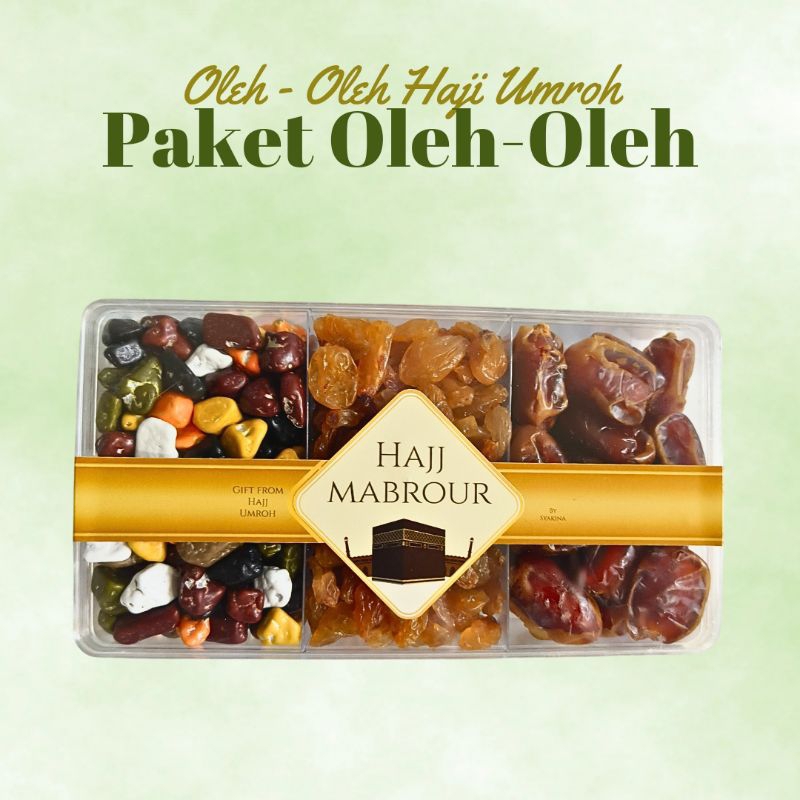 

Paket oleh oleh/souvenir makanan box kecil isi 3 untuk haji umroh 1 set lengkap komplit coklat kerikil, kurma khalas, kismis sukan