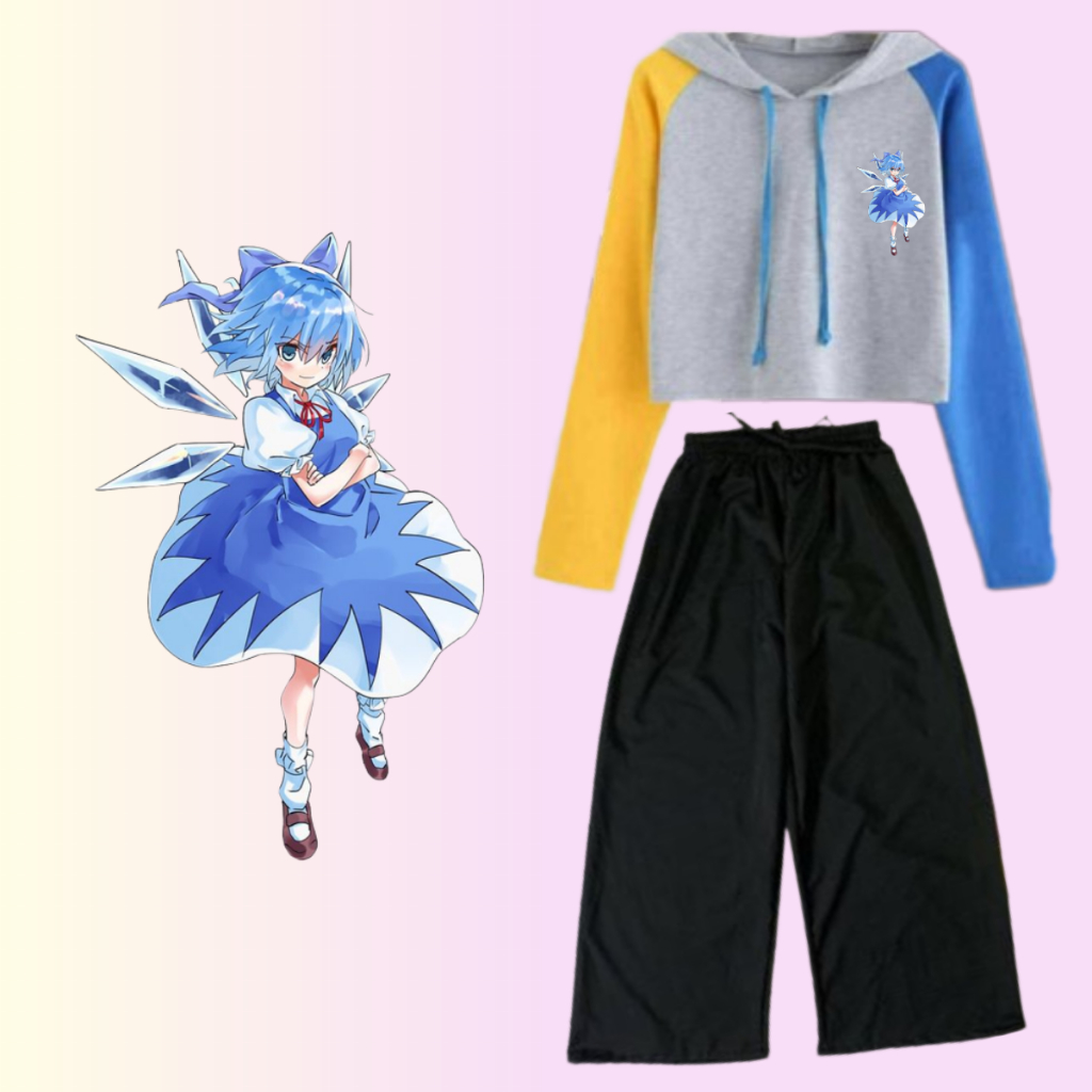 HOF – SETELAN HOODIE CROP +CELANA KULOT HITAM GADIS REMAJA LD90cm- TOUHOU CIRNO