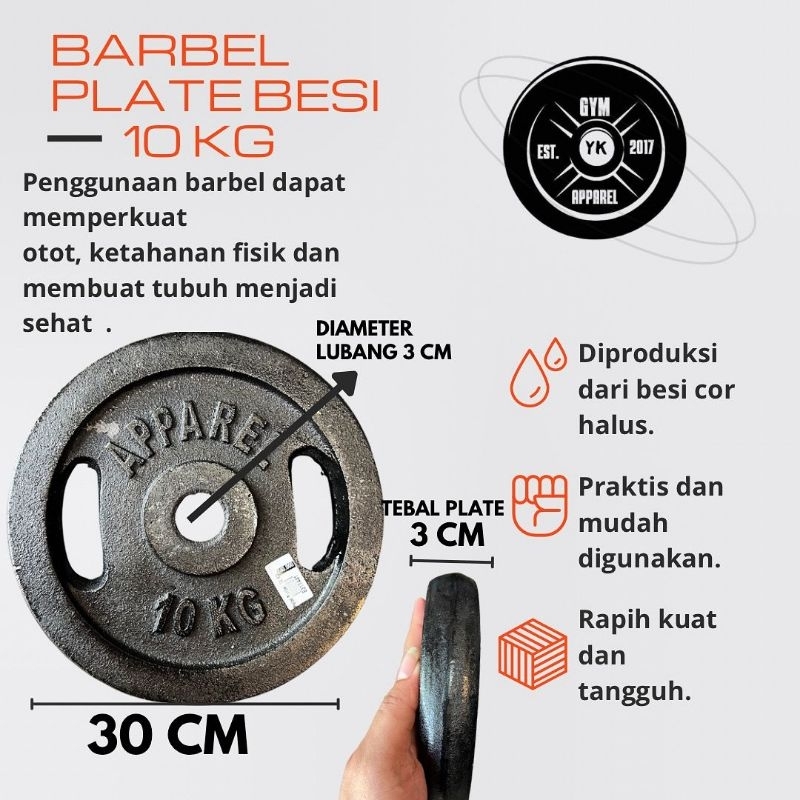 barbel plat besi weight plate barbel piringan besi cor 10 kg diameter 3 cm latihan angkat beban