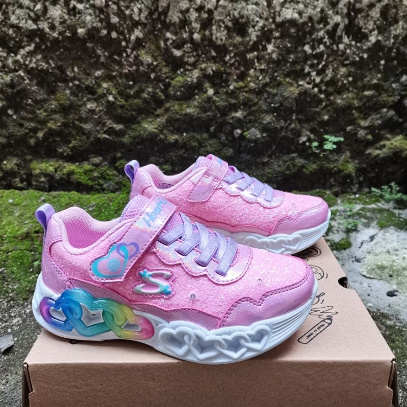 New Arrival Girls Sneakers Heart Light LED On-Off Model Terbaru Black Pink / Sepatu LED Anak Perempu
