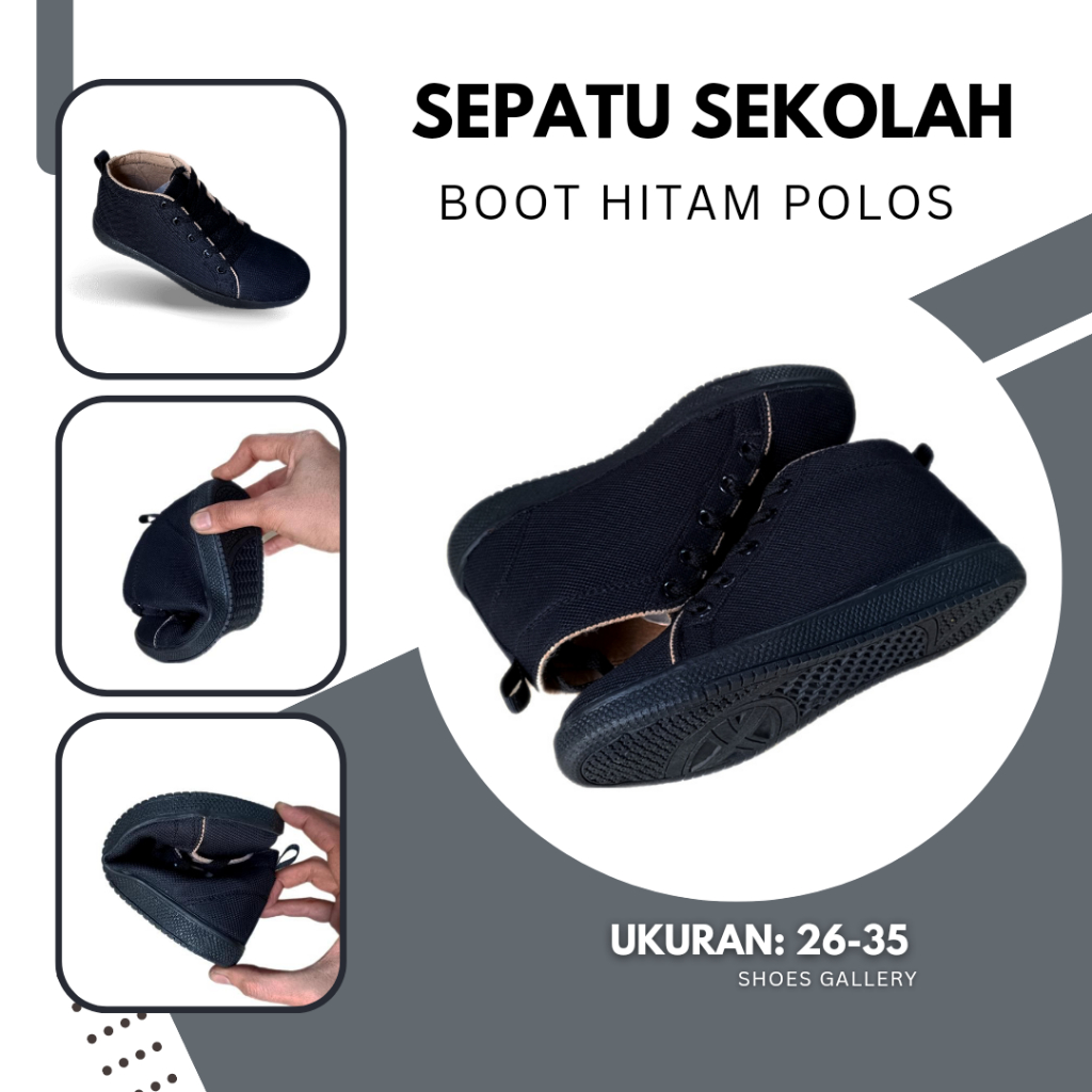 Sepatu boots anak laki laki hitam polos