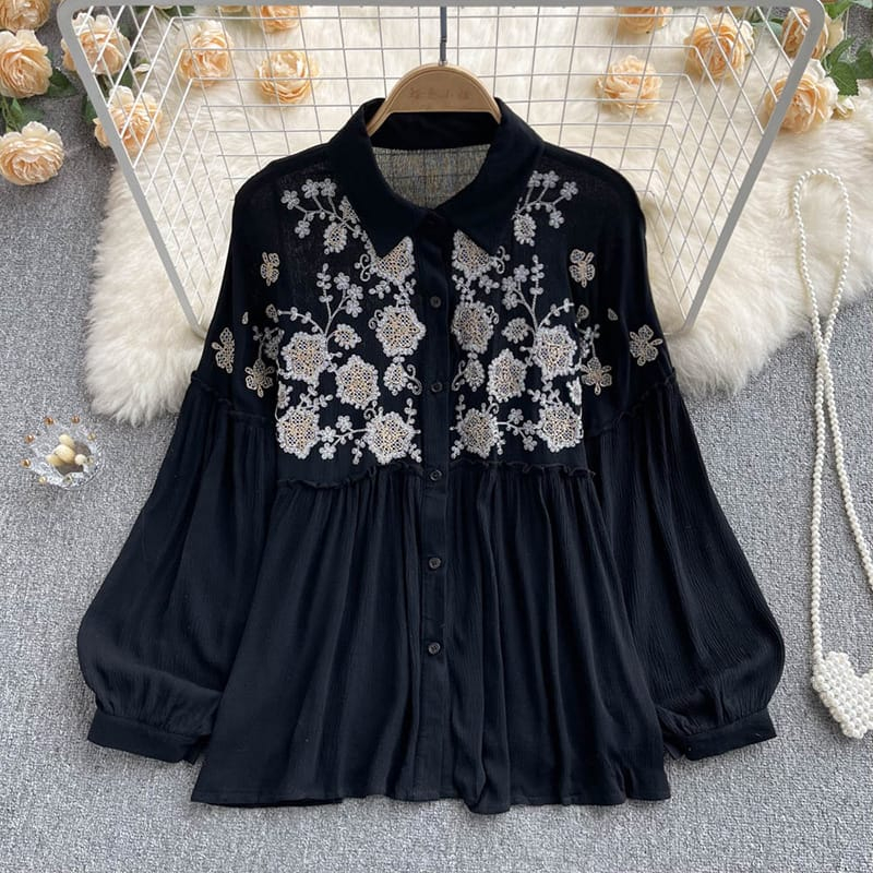 Blouse Korean Style Bunga Blus Baju Atasan Wanita Fashion Muslim Terbaru Motif Bordir Warna Hitam