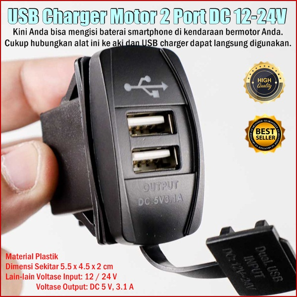 PROMO Charger Motor USB 2 Port Colokan Cas HP Untuk Motor USB Charger Motor DC 12-24V