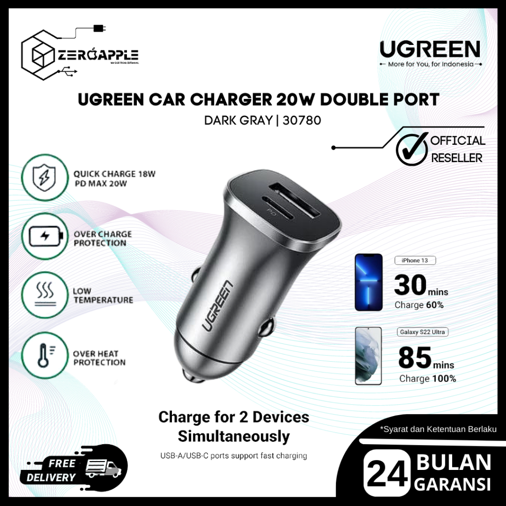 UGREEN Car Charger / Ces Mobil FAST Charging iPhone Samsung Mi 18W Space gray