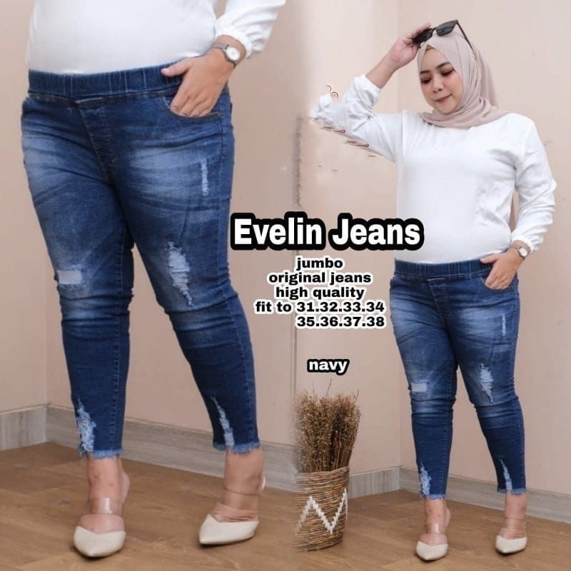 EVELIN JEANS 7/9 // CELANA PANJANG WANITA JEANS PINGGANG KARET SOBEK