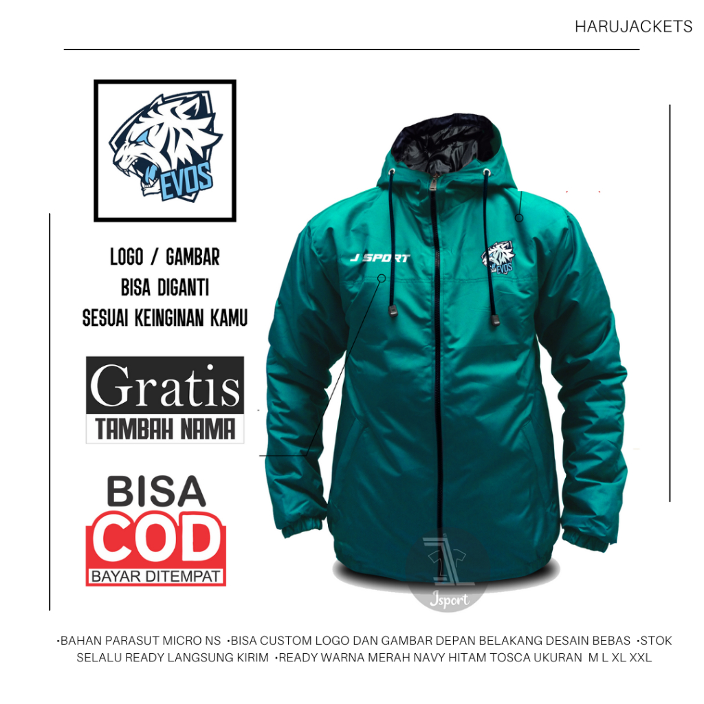 Jaket Evos Parasit Tebal Custom Gambar - Jacket Elegan Cstm Parachute Waterproof