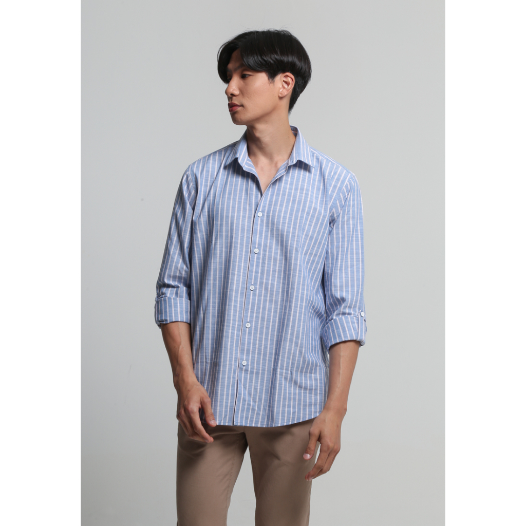 VALINO Kemeja Biru Garis Putih Merah Pria Lengan Panjang - V-BFCA02-U5