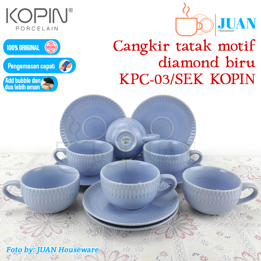 KOPIN 6 pasang cangkir + tatakan keramik diamond biru / tea cup and saucer KPC-03