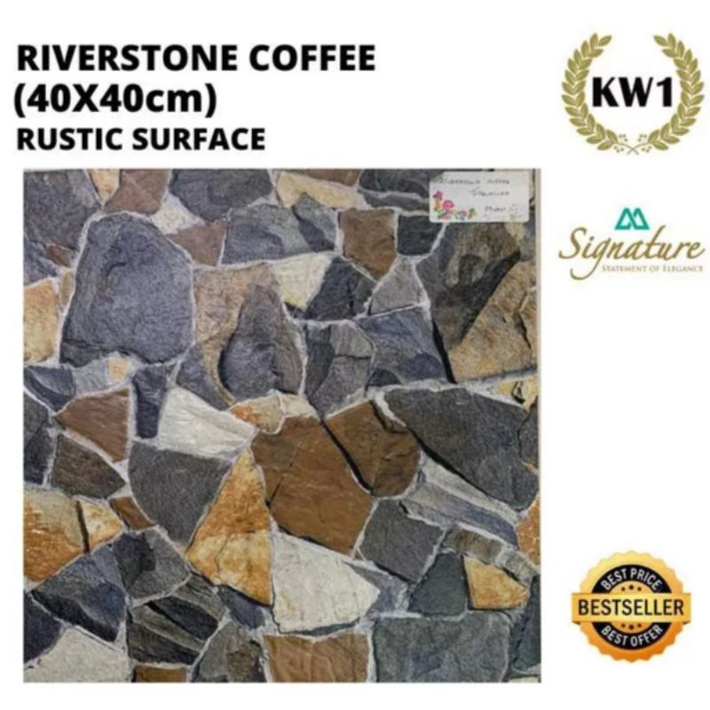 {ONGKIR DILUAR APLIKASI} Keramik Lantai Kasar Timbul Carport 40x40 RIVERSTONE COFFEE Mulia