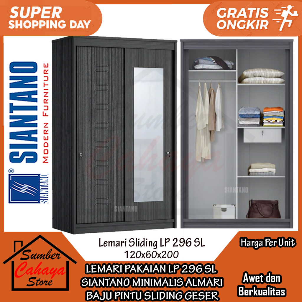 [Instan] LEMARI PAKAIAN 2 PINTU SLIDING GESER SIANTANO LP 296 SL ALMARI BAJU SLEDING MINIMALIS REL S