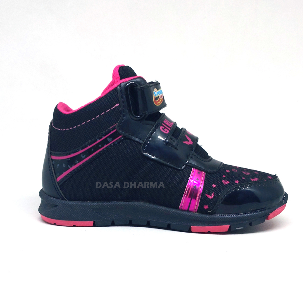 Sepatu Santica Anak Perempuan Sekolah TK SD Prepet Hitam Pink Perekat Size 29 - 33